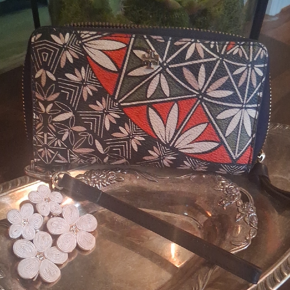 Tory Burch Black and Red Patterned Wristlet Wallet